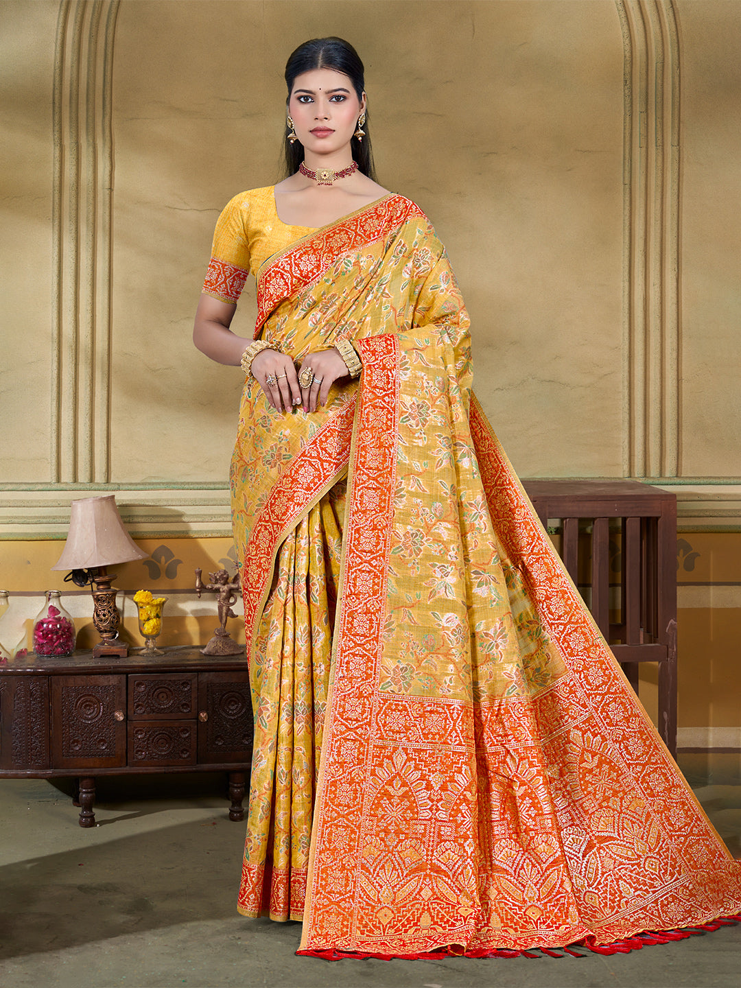 Sangam Prints Mustard Cotton Silk With Meena Woven Work Traditional Saree