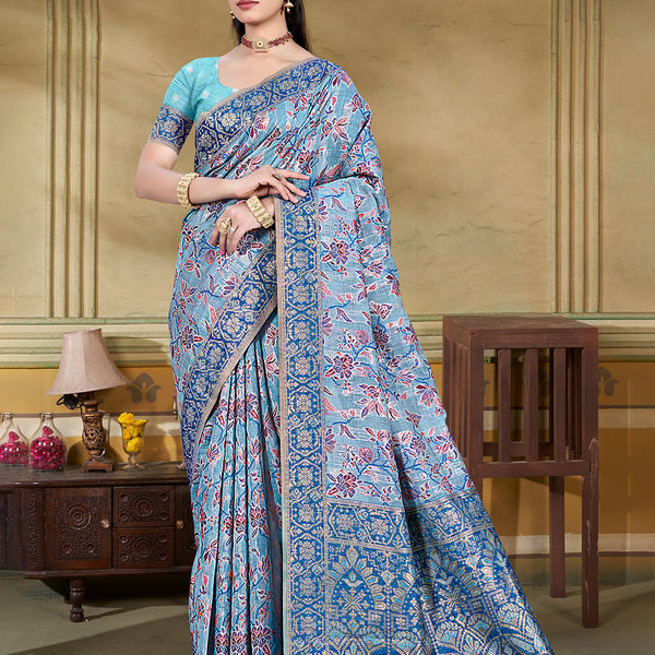 Sangam Prints Light Blue Cotton Silk With Meena Woven Work Traditional Saree