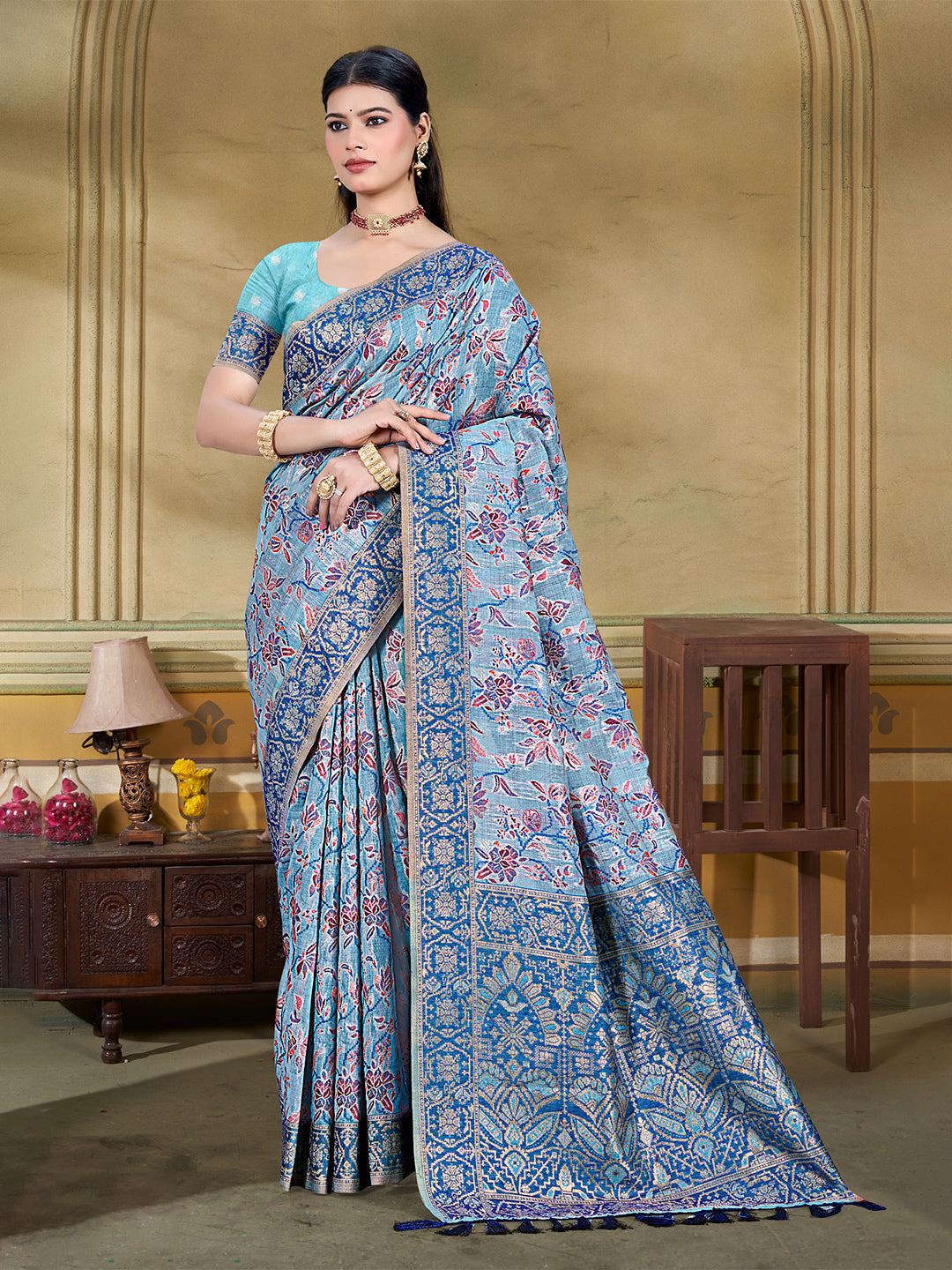 Sangam Prints Light Blue Cotton Silk With Meena Woven Work Traditional Saree