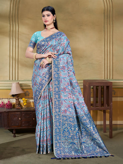 Sangam Prints Light Blue Cotton Silk With Meena Woven Work Traditional Saree - Distacart