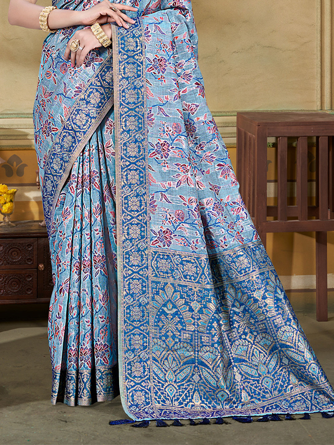 Sangam Prints Light Blue Cotton Silk With Meena Woven Work Traditional Saree