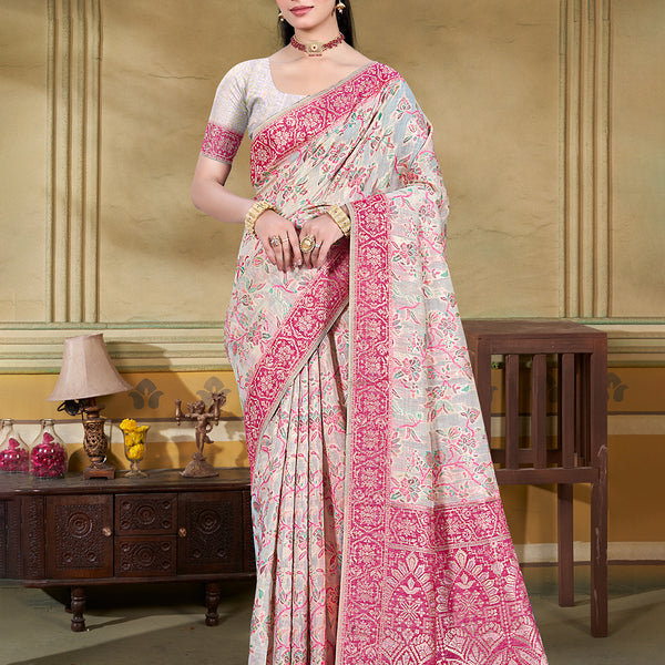 Sangam Prints Cream Cotton Silk With Meena Woven Work Traditional Saree