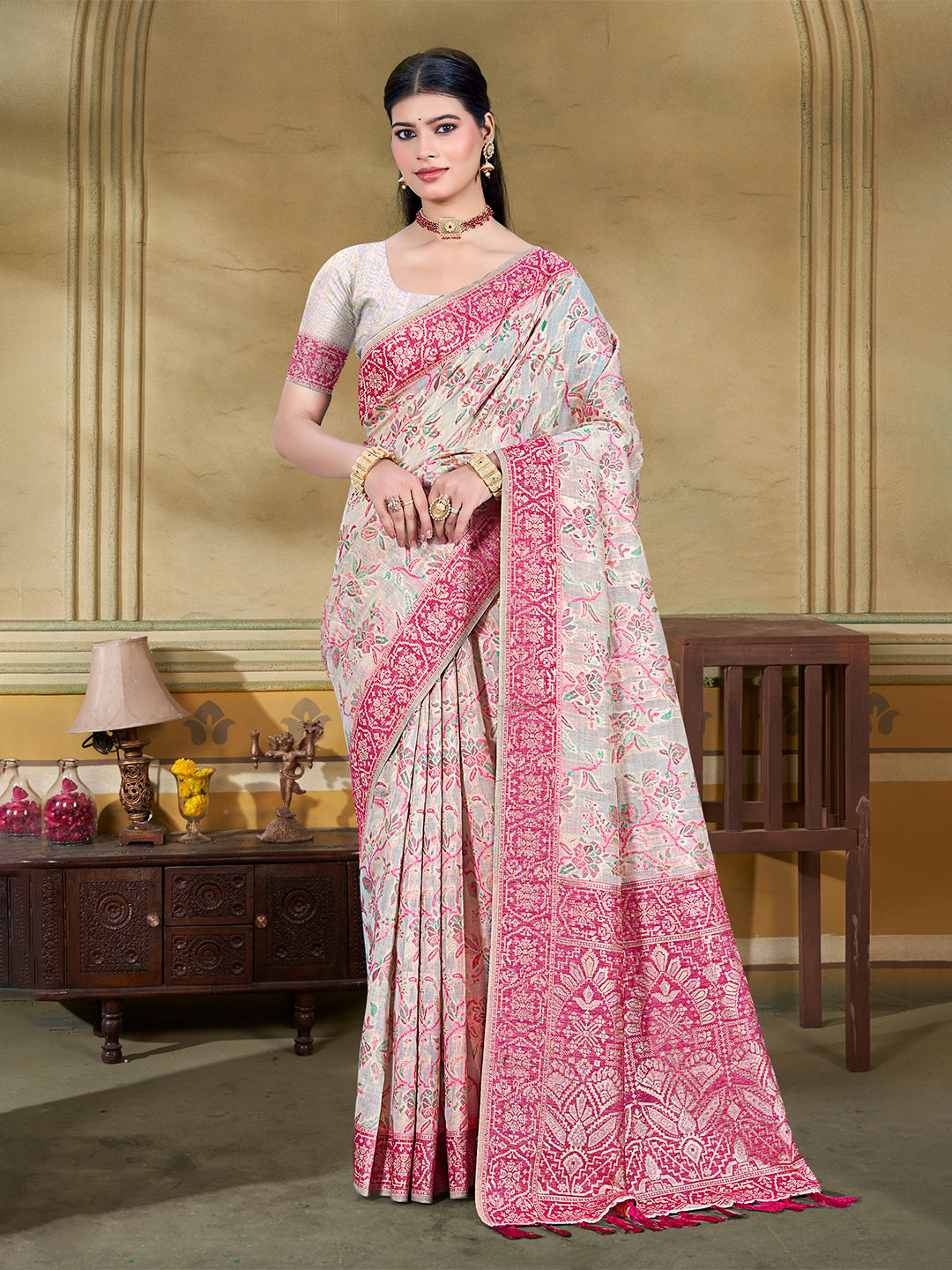 Sangam Prints Cream Cotton Silk With Meena Woven Work Traditional Saree - Distacart