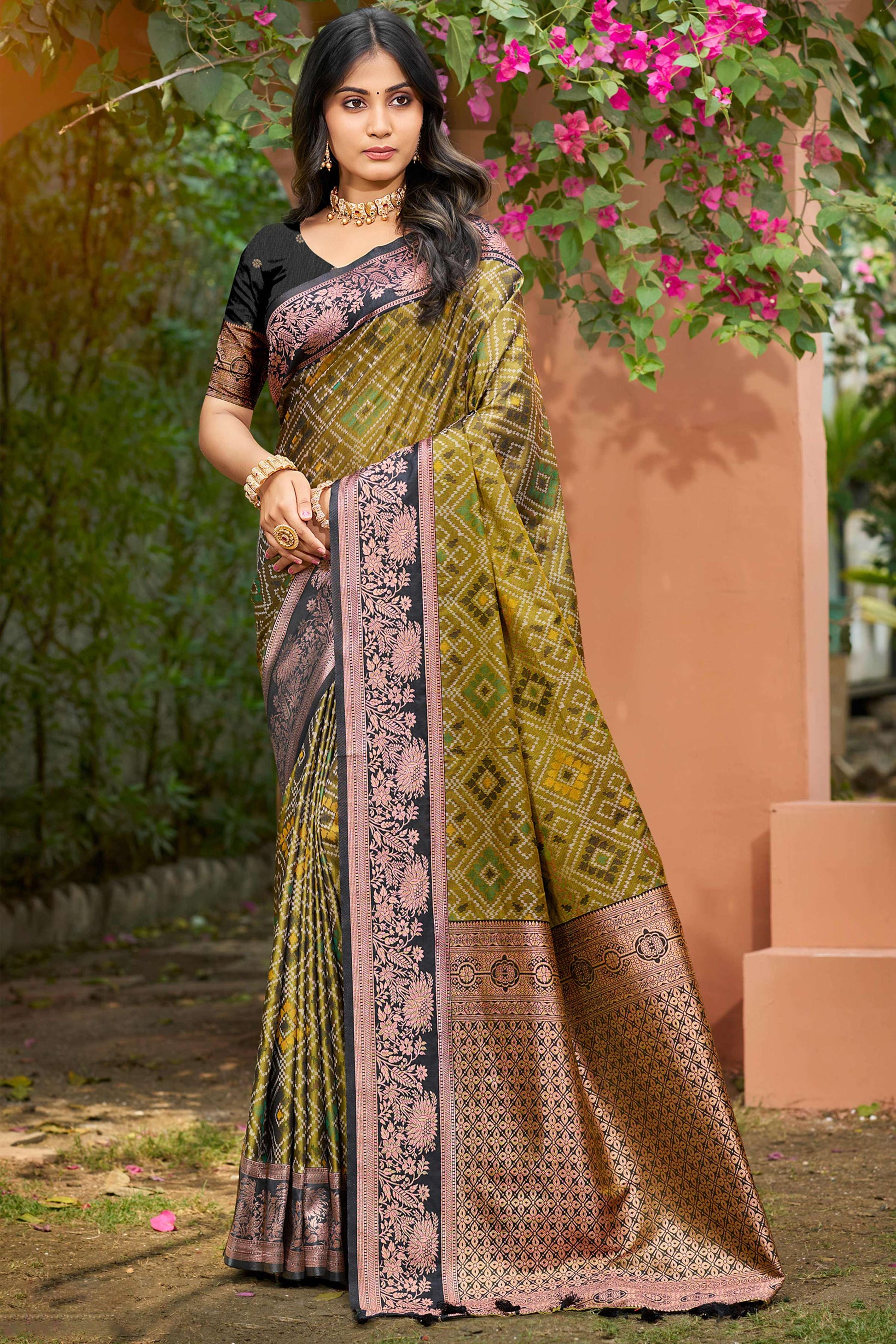 Sangam Prints Olive Green Soft Silk Woven Work Traditional Saree - Dista
