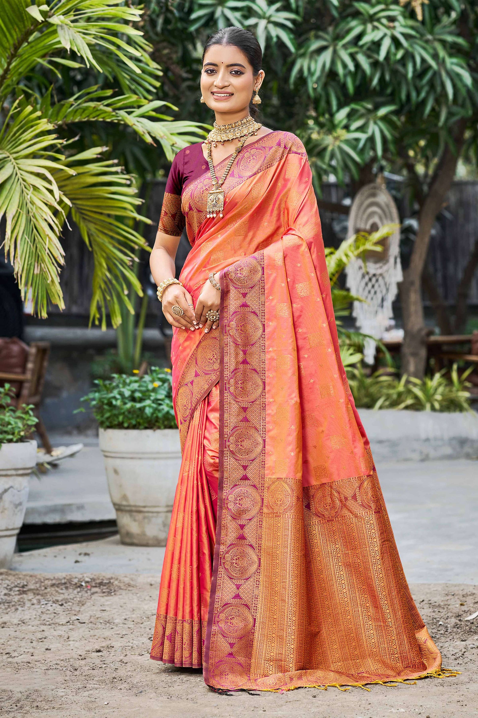 Sangam Prints Peach Orange Soft Silk Woven Work Traditional Saree - Dista