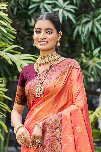 Sangam Prints Peach Orange Soft Silk Woven Work Traditional Saree - Dista