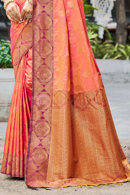 Sangam Prints Peach Orange Soft Silk Woven Work Traditional Saree - Dista