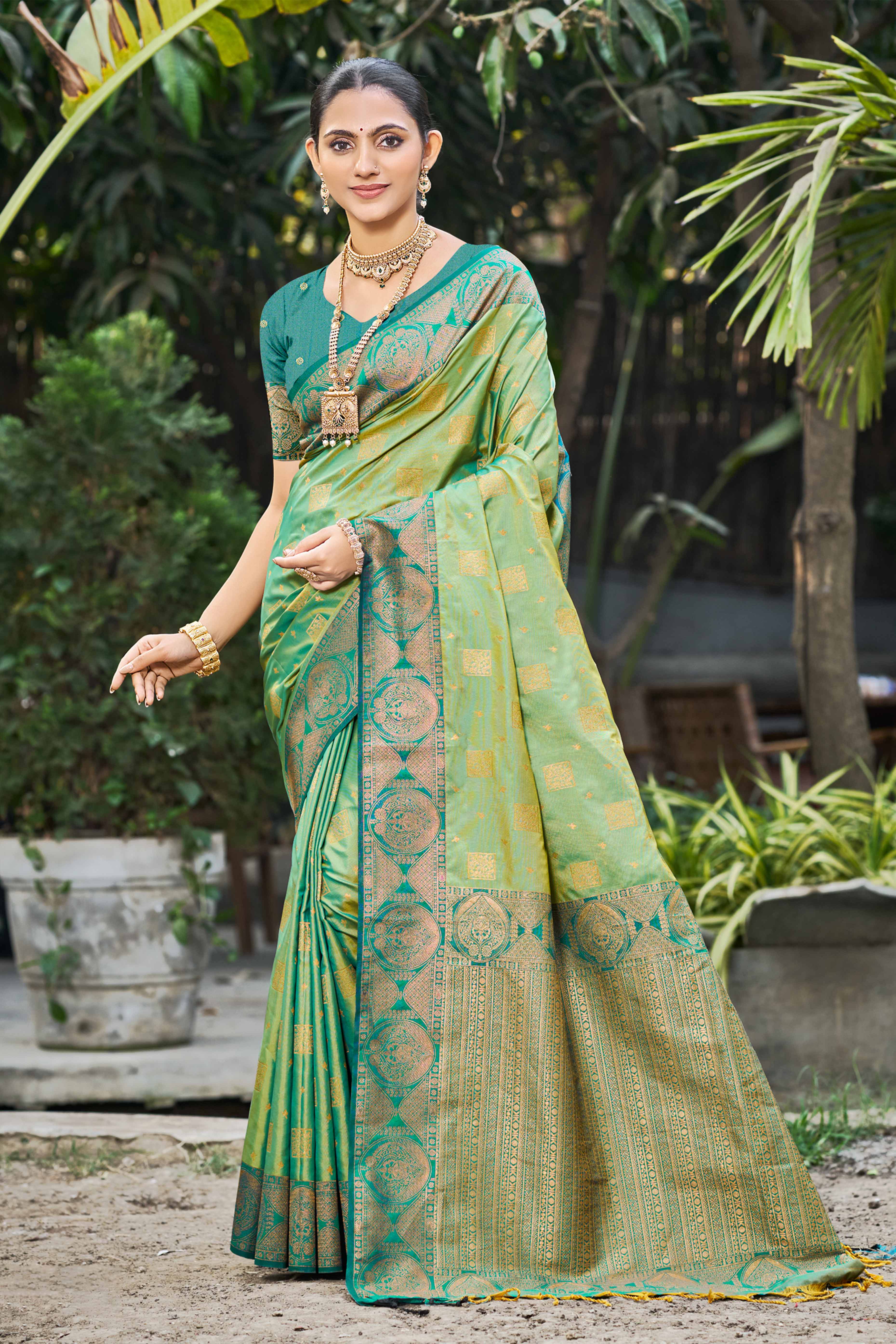 Sangam Prints Light Pista Green Soft Silk Woven Work Traditional Saree - Dista