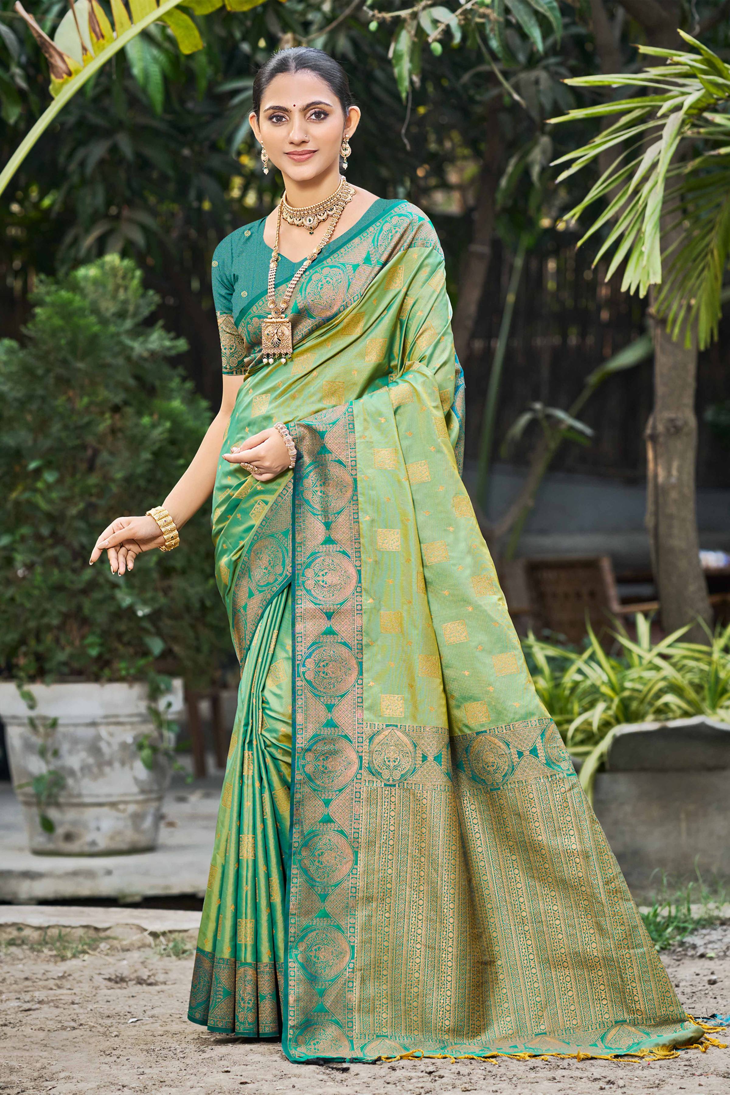 Sangam Prints Light Pista Green Soft Silk Woven Work Traditional Saree - Dista