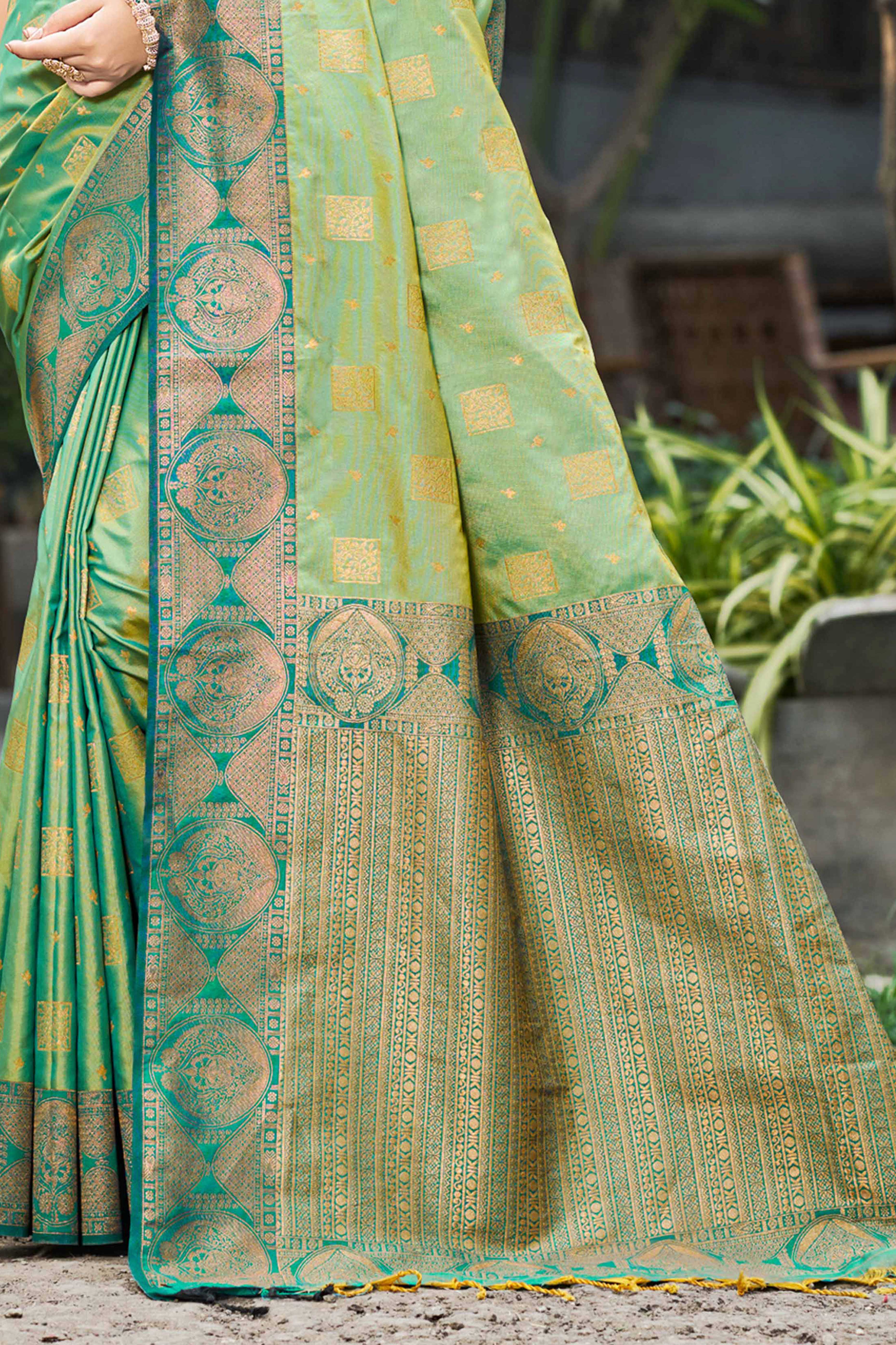 Sangam Prints Light Pista Green Soft Silk Woven Work Traditional Saree - Dista
