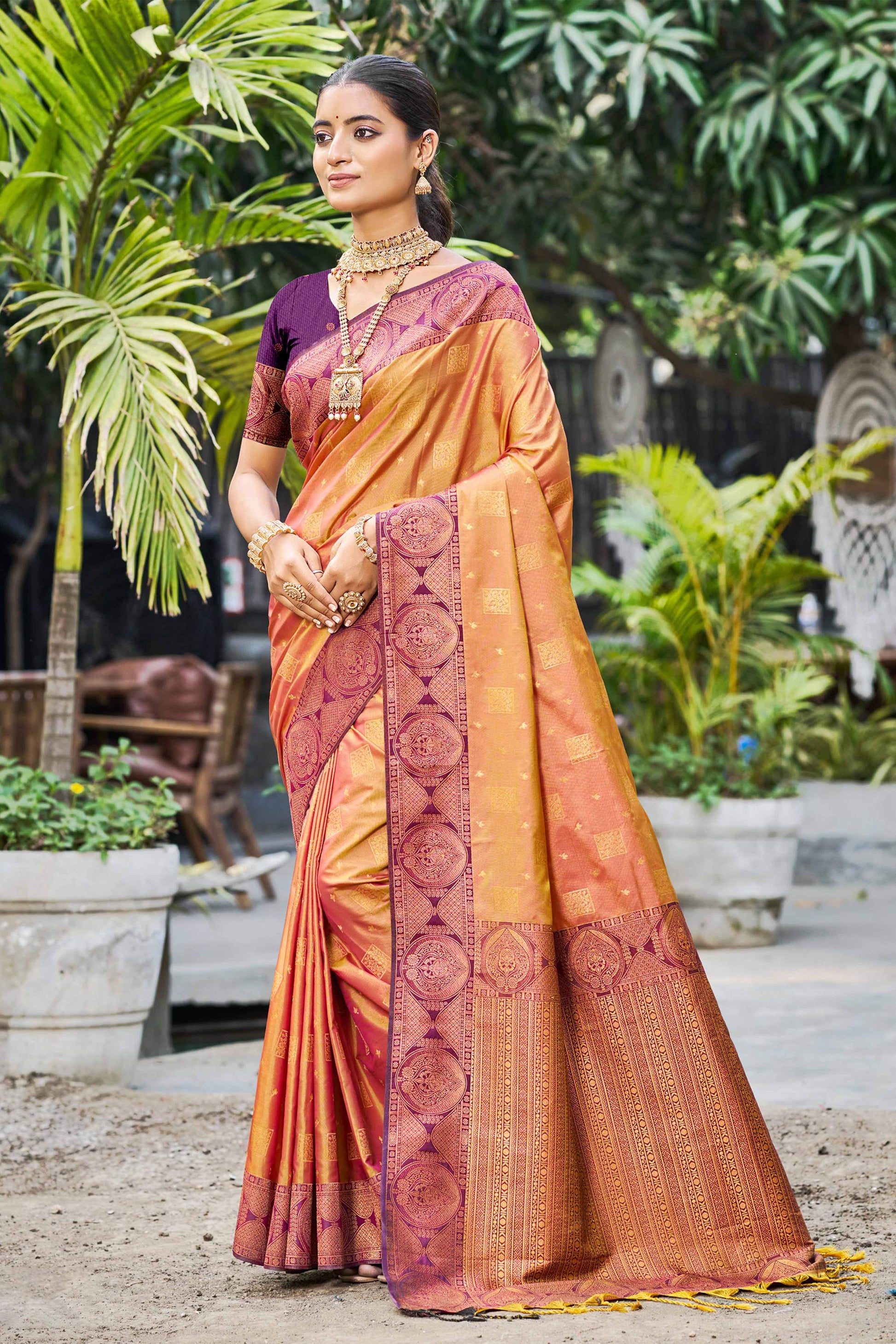 Sangam Prints Rust Orange Soft Silk Woven Work Traditional Saree - Dista