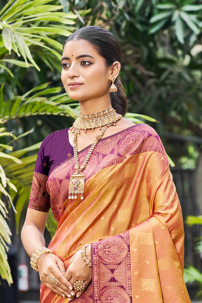Sangam Prints Rust Orange Soft Silk Woven Work Traditional Saree - Dista