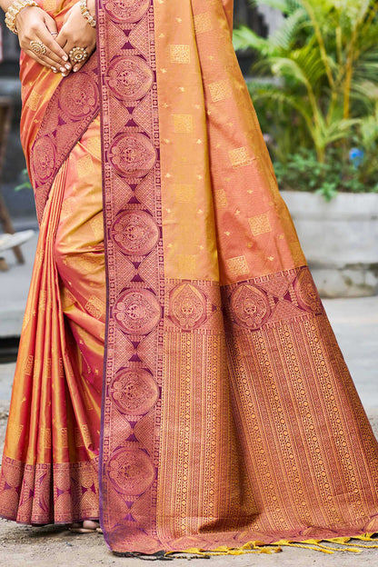 Sangam Prints Rust Orange Soft Silk Woven Work Traditional Saree - Dista