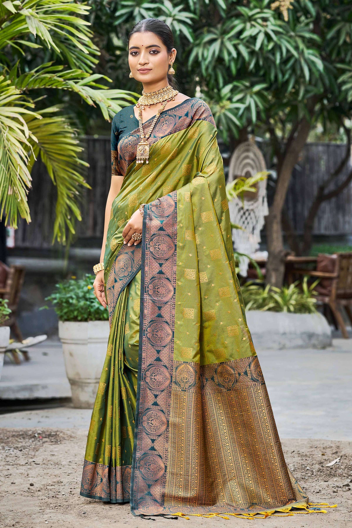 Sangam Prints Olive Green Soft Silk Woven Work Traditional Saree - Dista