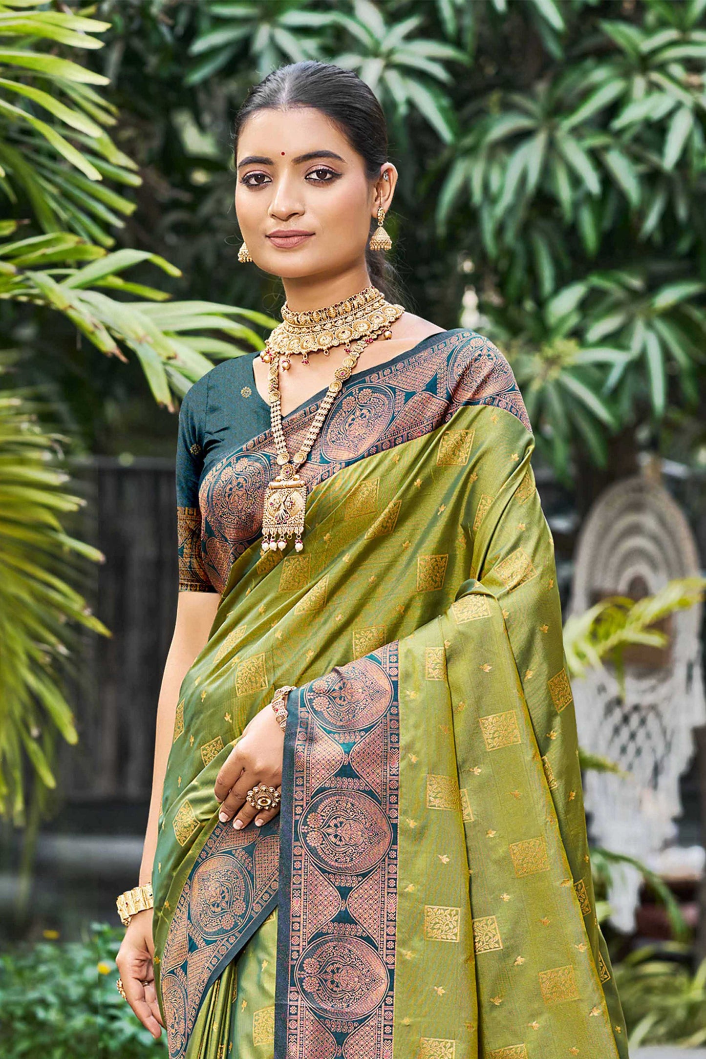 Sangam Prints Olive Green Soft Silk Woven Work Traditional Saree - Dista