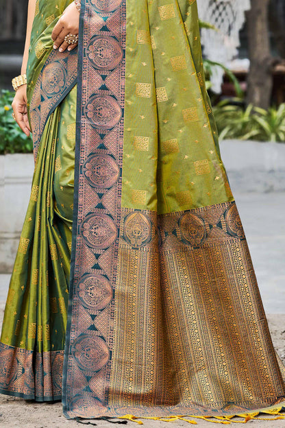 Sangam Prints Olive Green Soft Silk Woven Work Traditional Saree - Dista