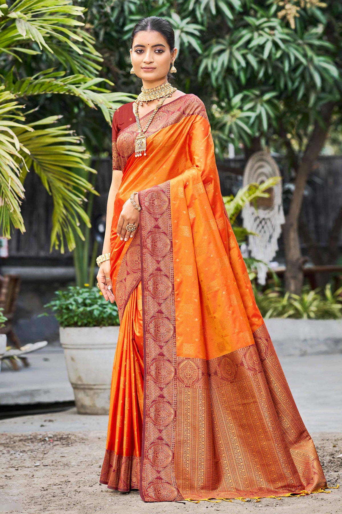 Sangam Prints Saffron Orange Soft Silk Woven Work Traditional Saree - Dista