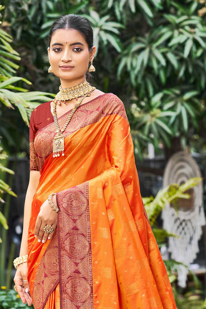 Sangam Prints Saffron Orange Soft Silk Woven Work Traditional Saree - Dista