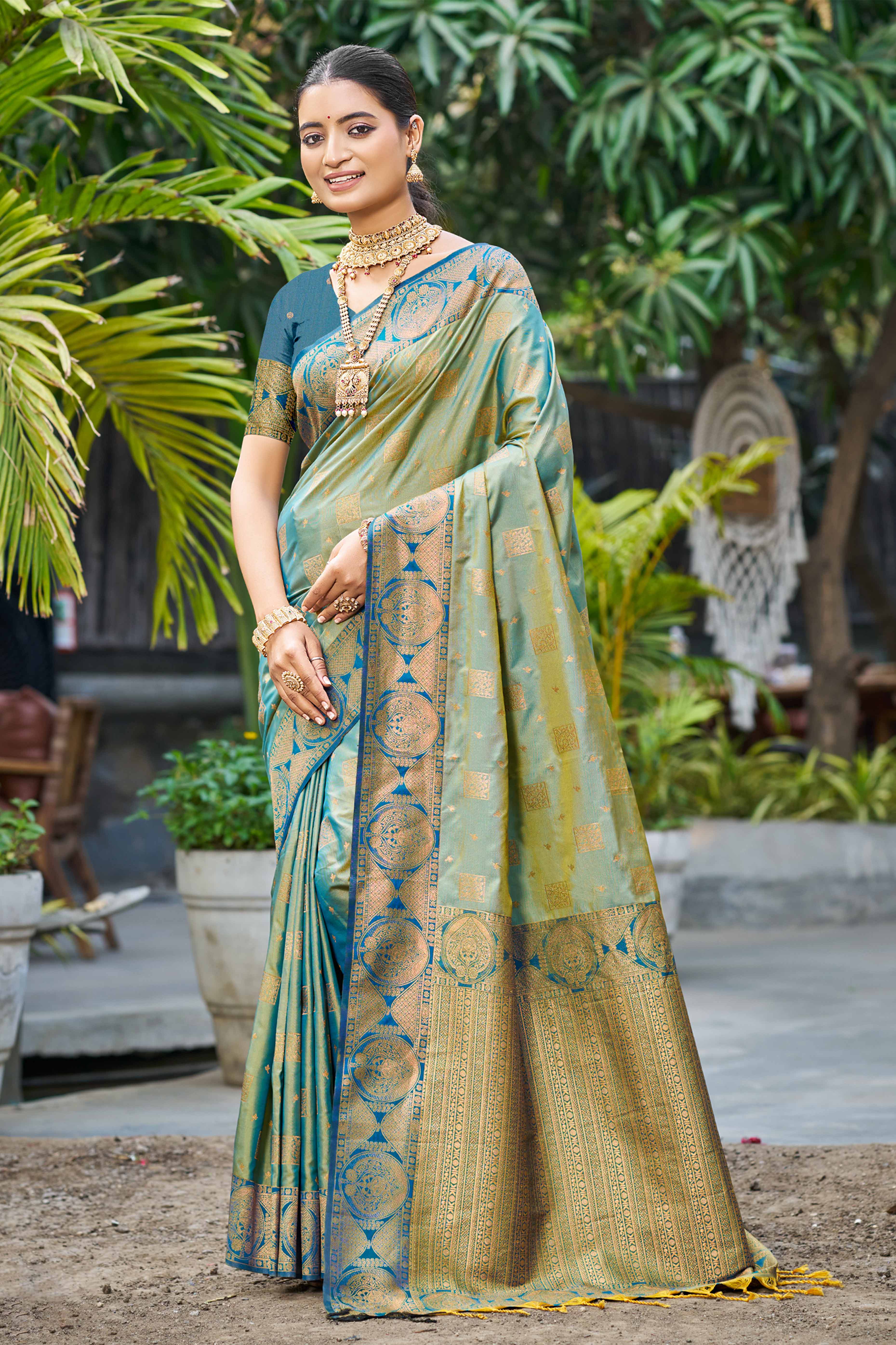 Sangam Prints Sage Green Soft Silk Woven Work Traditional Saree - Dista