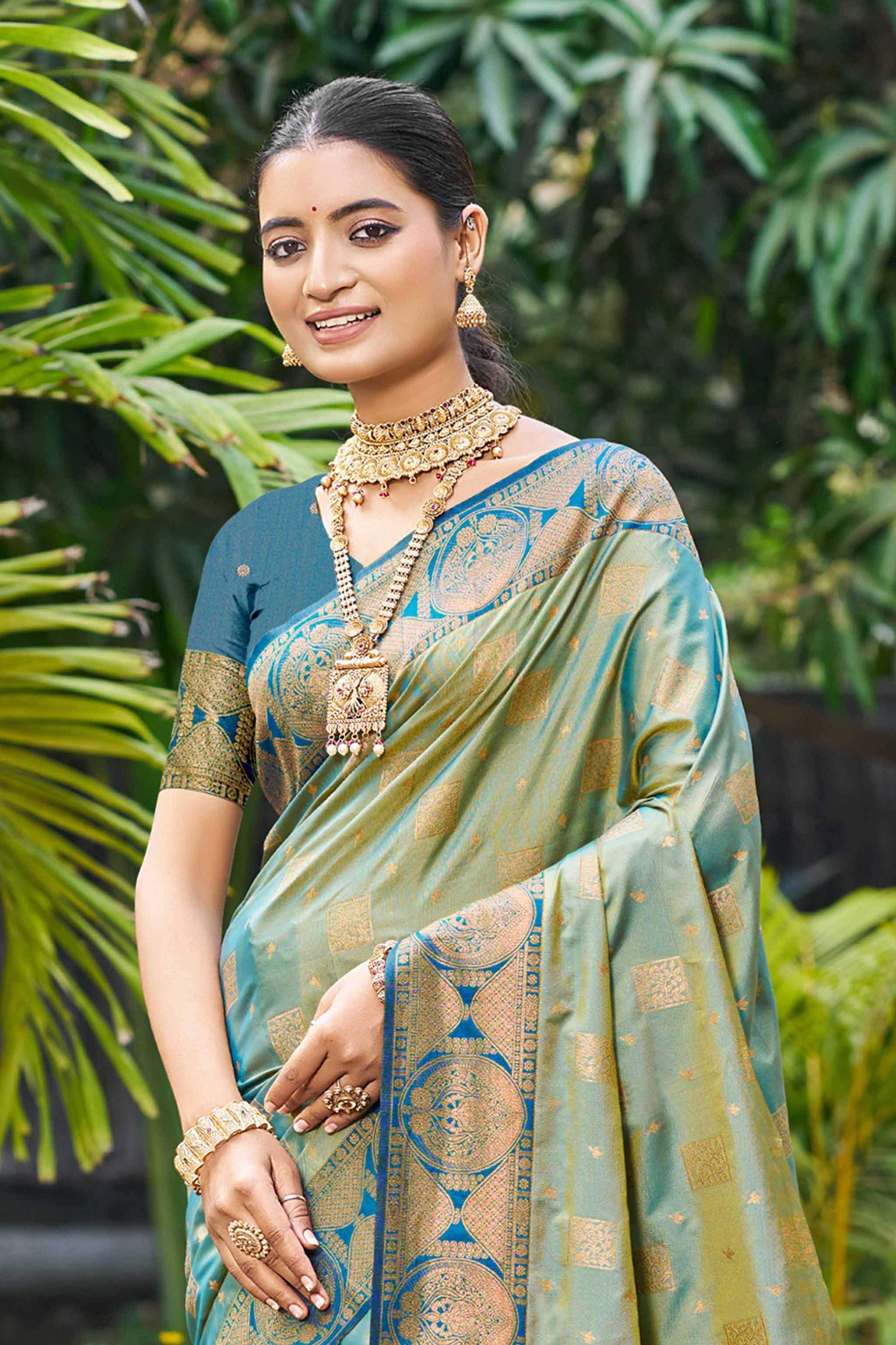 Sangam Prints Sage Green Soft Silk Woven Work Traditional Saree - Dista
