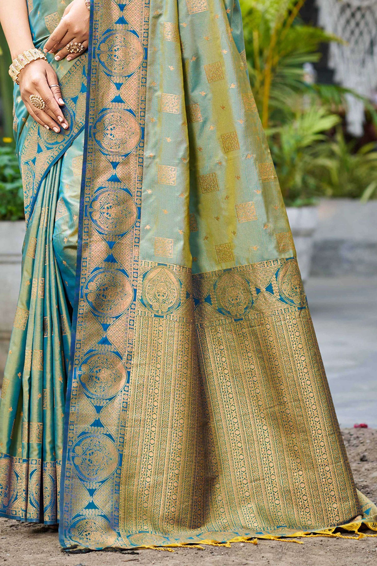 Sangam Prints Sage Green Soft Silk Woven Work Traditional Saree - Dista