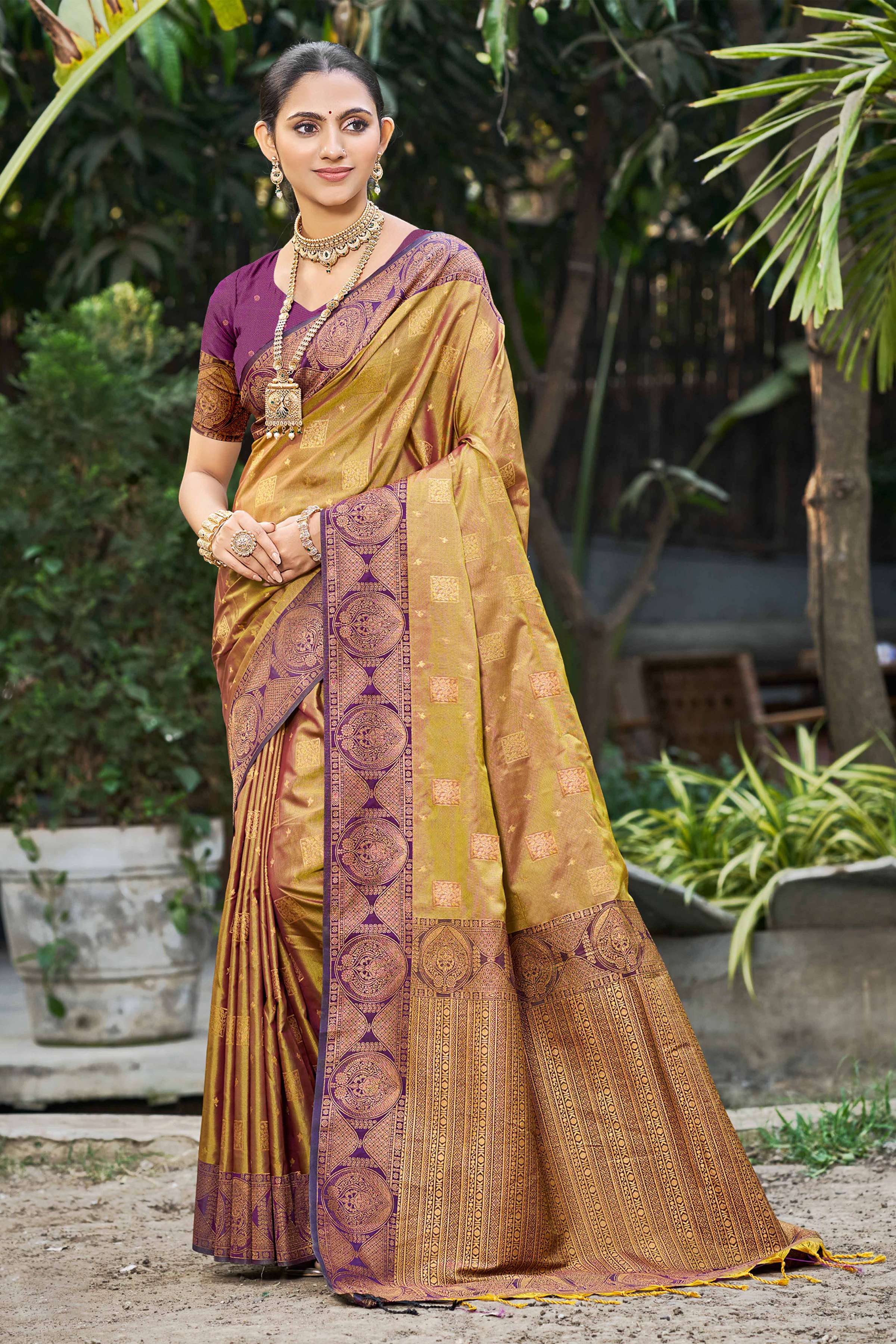 Sangam Prints Golden Mustard Soft Silk Woven Work Traditional Saree - Dista