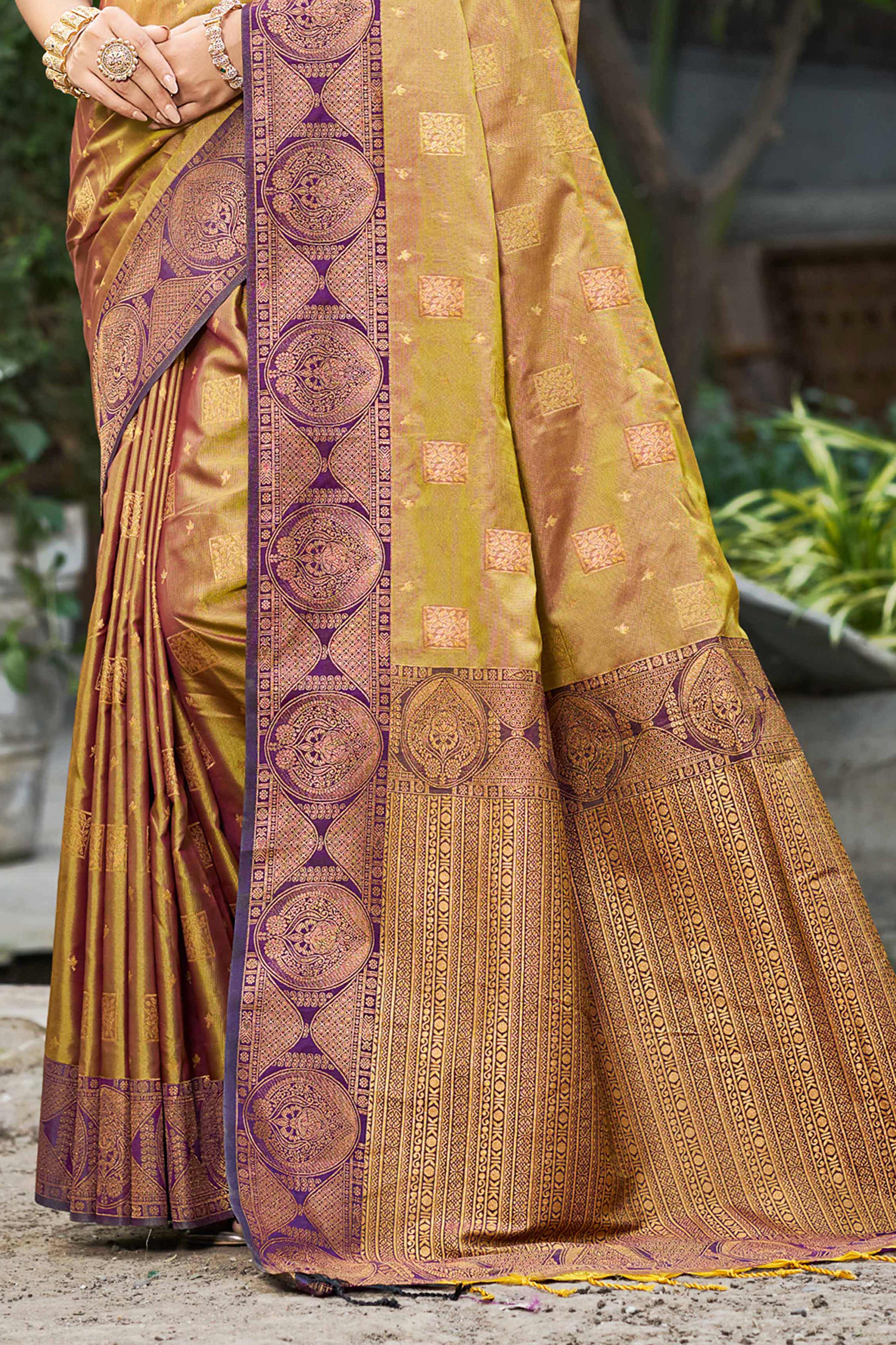 Sangam Prints Golden Mustard Soft Silk Woven Work Traditional Saree - Dista