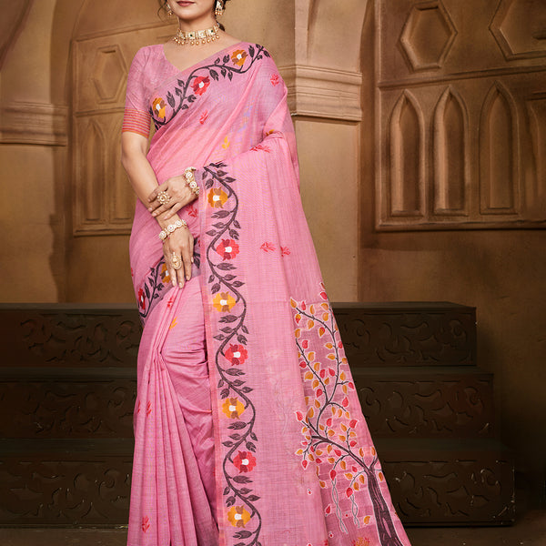 Sangam Prints Light Pink Cotton Silk With Meena Woven Work Traditional Saree