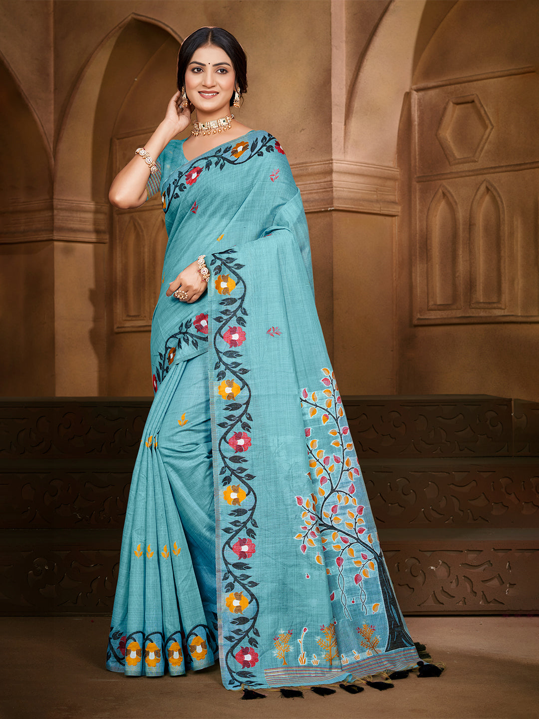 Sangam Prints Sky Blue Cotton Silk With Meena Woven Work Traditional Saree