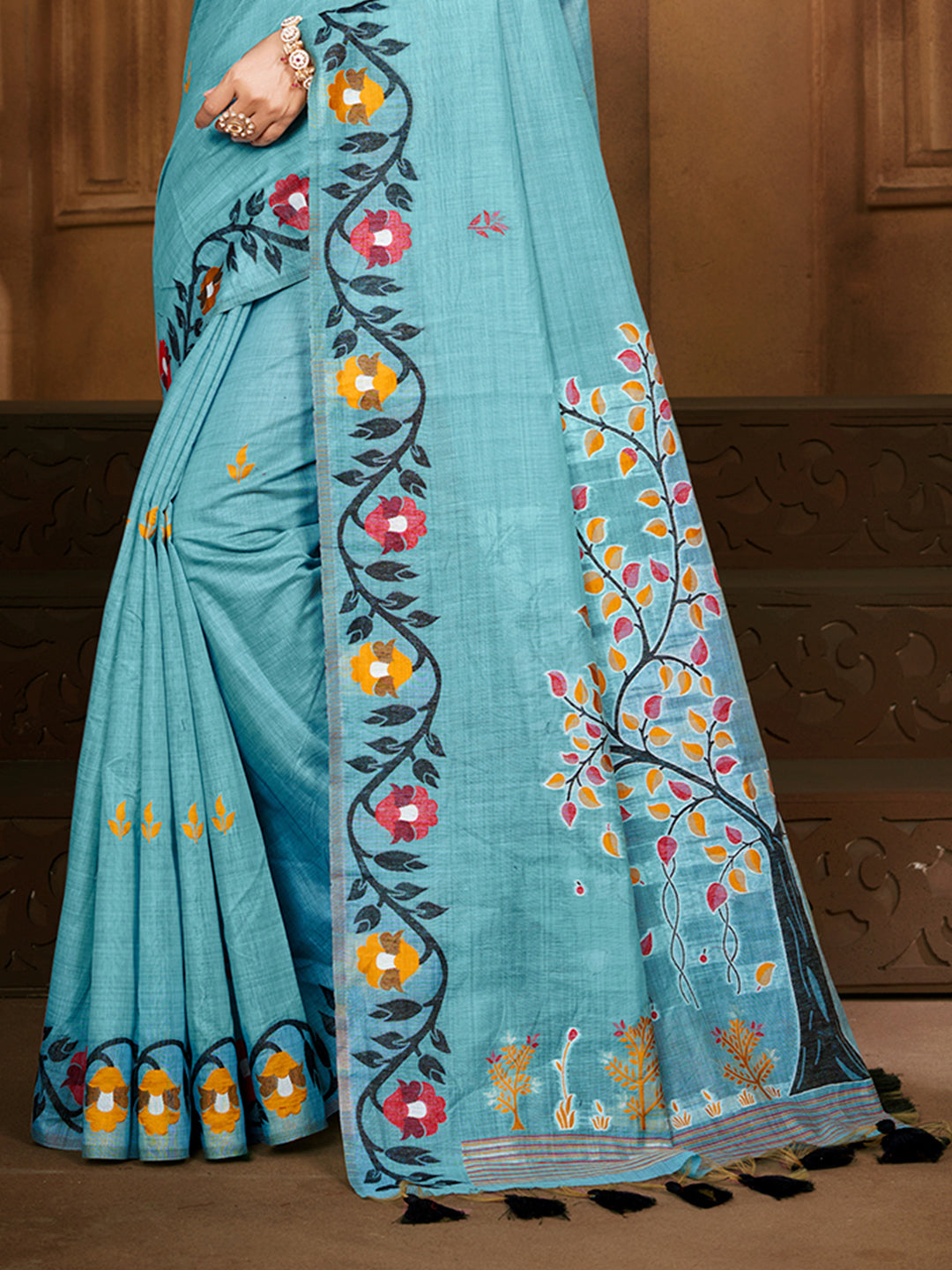 Sangam Prints Sky Blue Cotton Silk With Meena Woven Work Traditional Saree