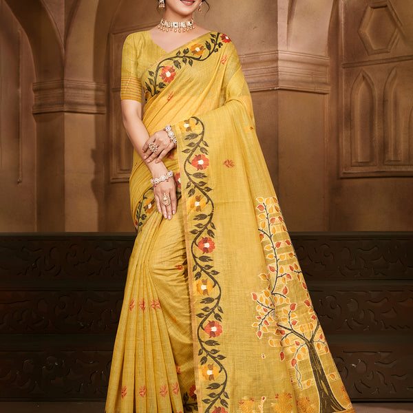 Sangam Prints Yellow Cotton Silk With Meena Woven Work Traditional Saree