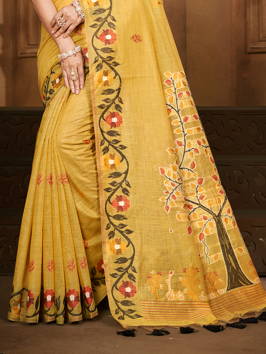 Sangam Prints Yellow Cotton Silk With Meena Woven Work Traditional Saree