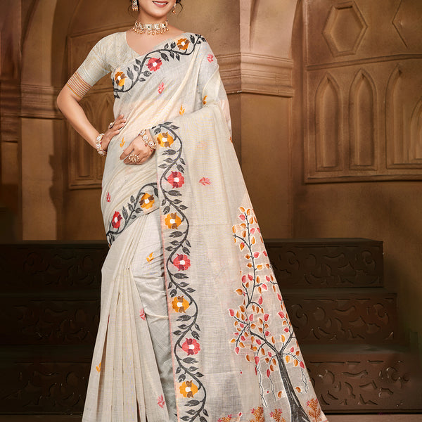 Sangam Prints Off-White Cotton Silk With Meena Woven Work Traditional Saree