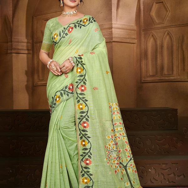 Sangam Prints Green Cotton Silk With Meena Woven Work Traditional Saree