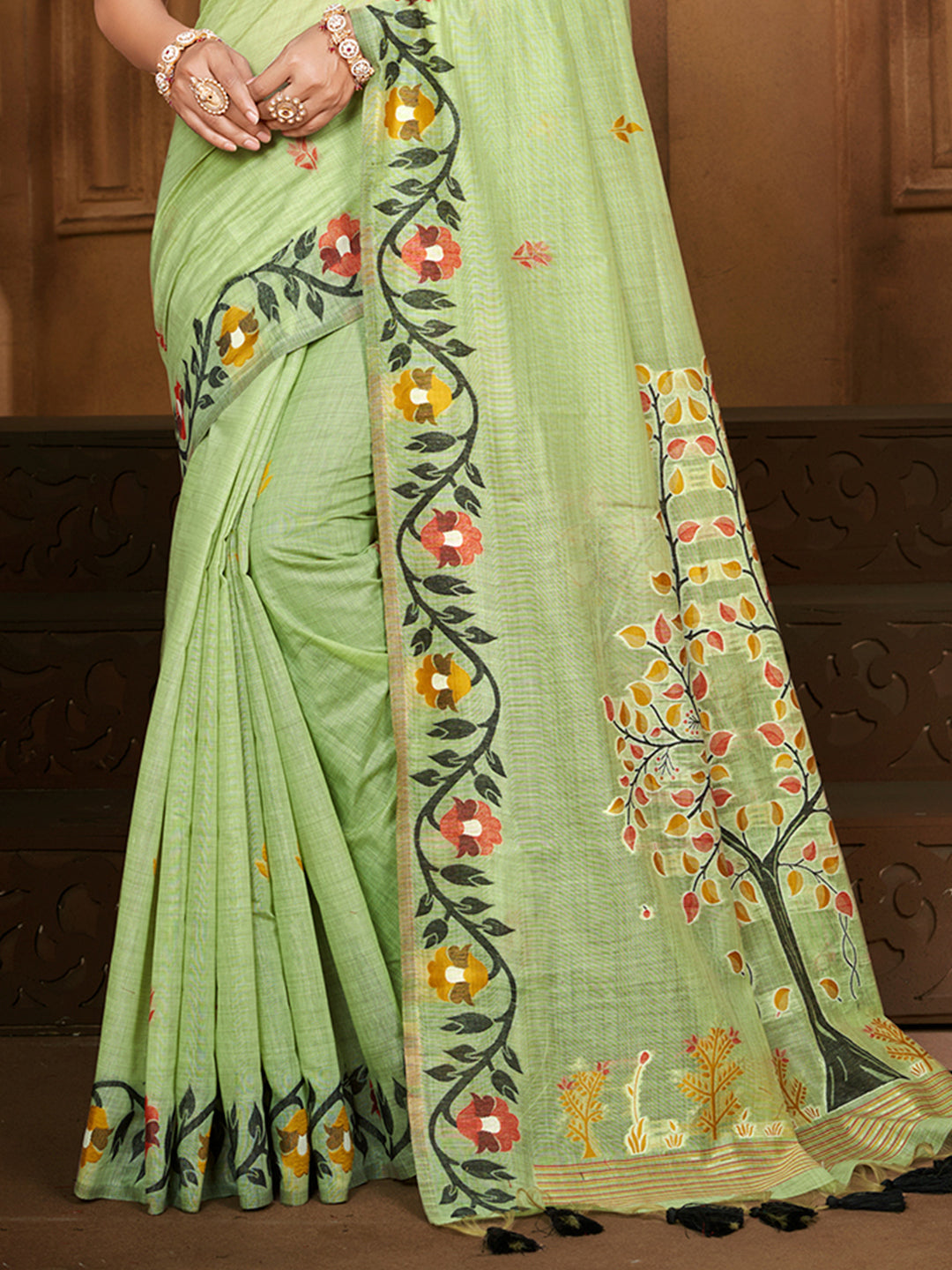 Sangam Prints Green Cotton Silk With Meena Woven Work Traditional Saree