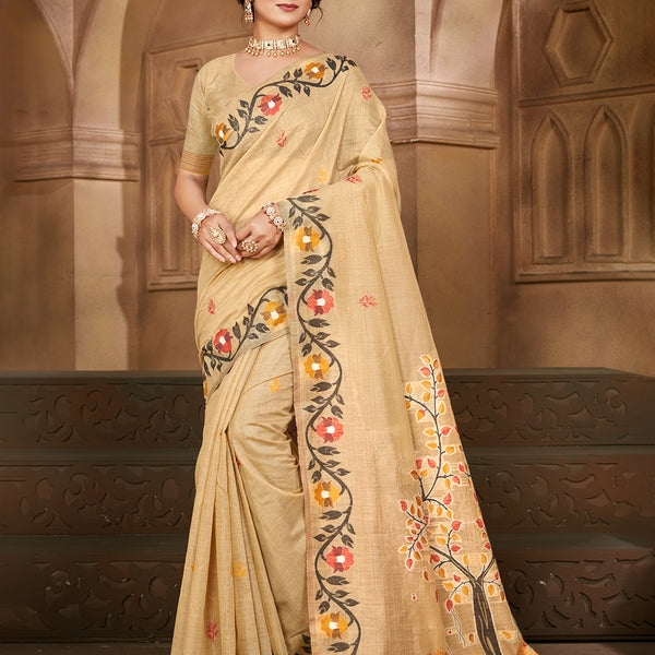 Sangam Prints Beige Cotton Silk With Meena Woven Work Traditional Saree