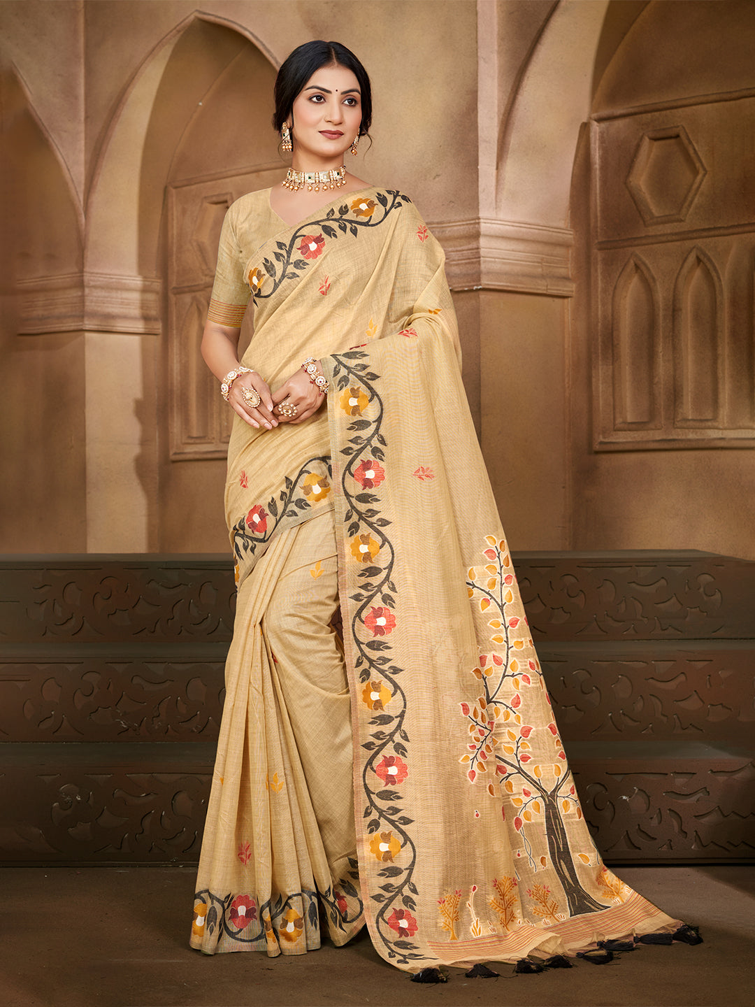 Sangam Prints Beige Cotton Silk With Meena Woven Work Traditional Saree