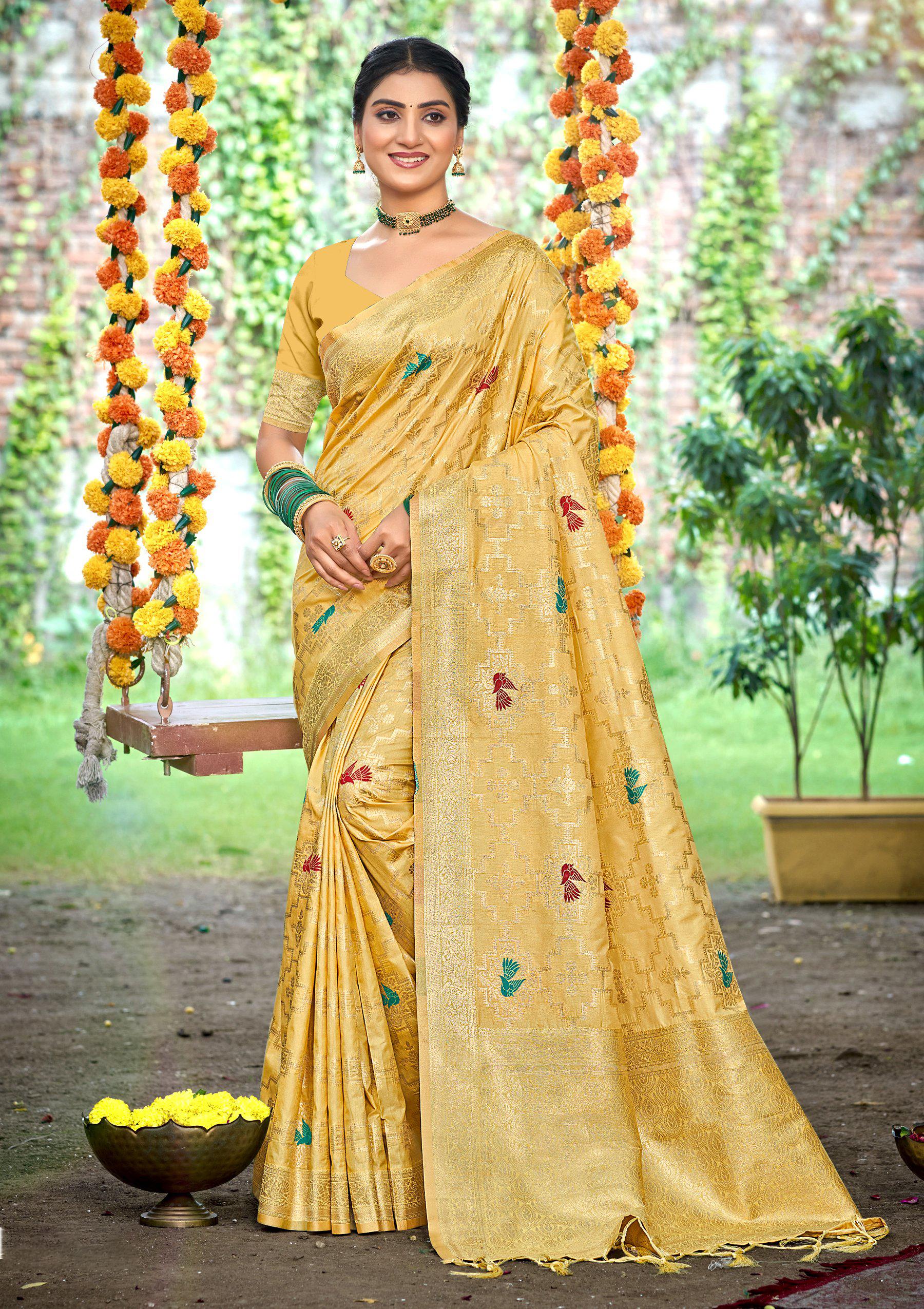 Sangam Prints Mustard Heavy Assam Silk Saree With Meena Woven Work Traditional Saree