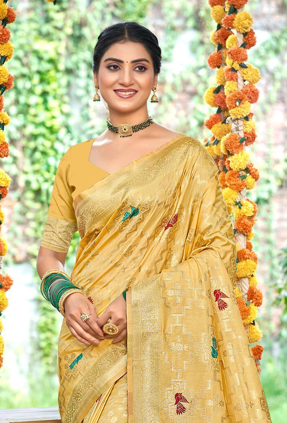 Sangam Prints Mustard Heavy Assam Silk Saree With Meena Woven Work Traditional Saree