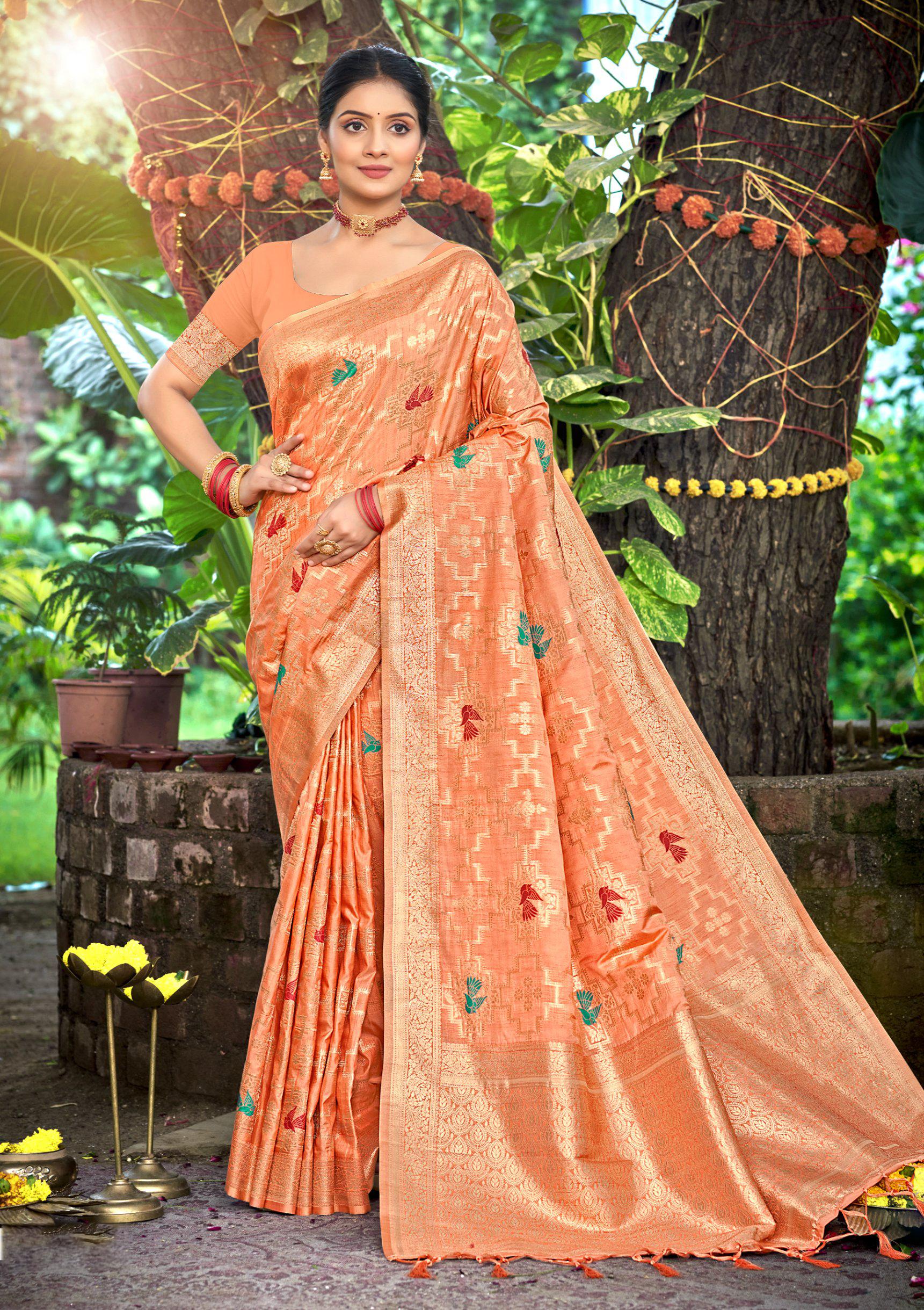 Sangam Prints Orange Heavy Assam Silk Saree With Meena Woven Work Traditional Saree - Distacart