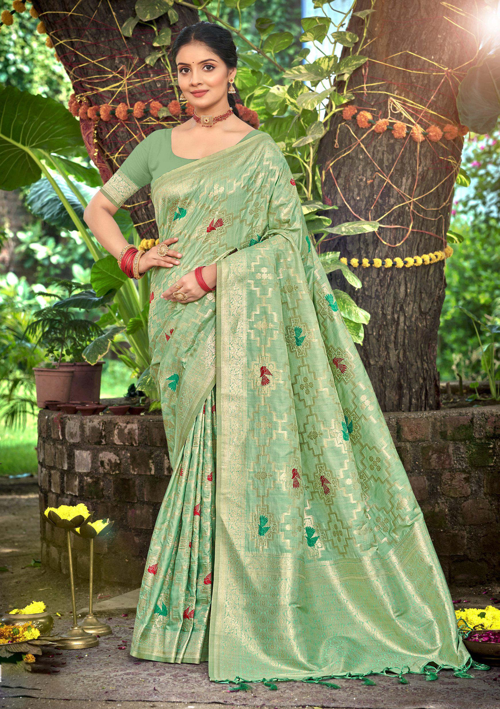 Sangam Prints Sea Green Heavy Assam Silk Saree With Meena Woven Work Traditional Saree - Distacart