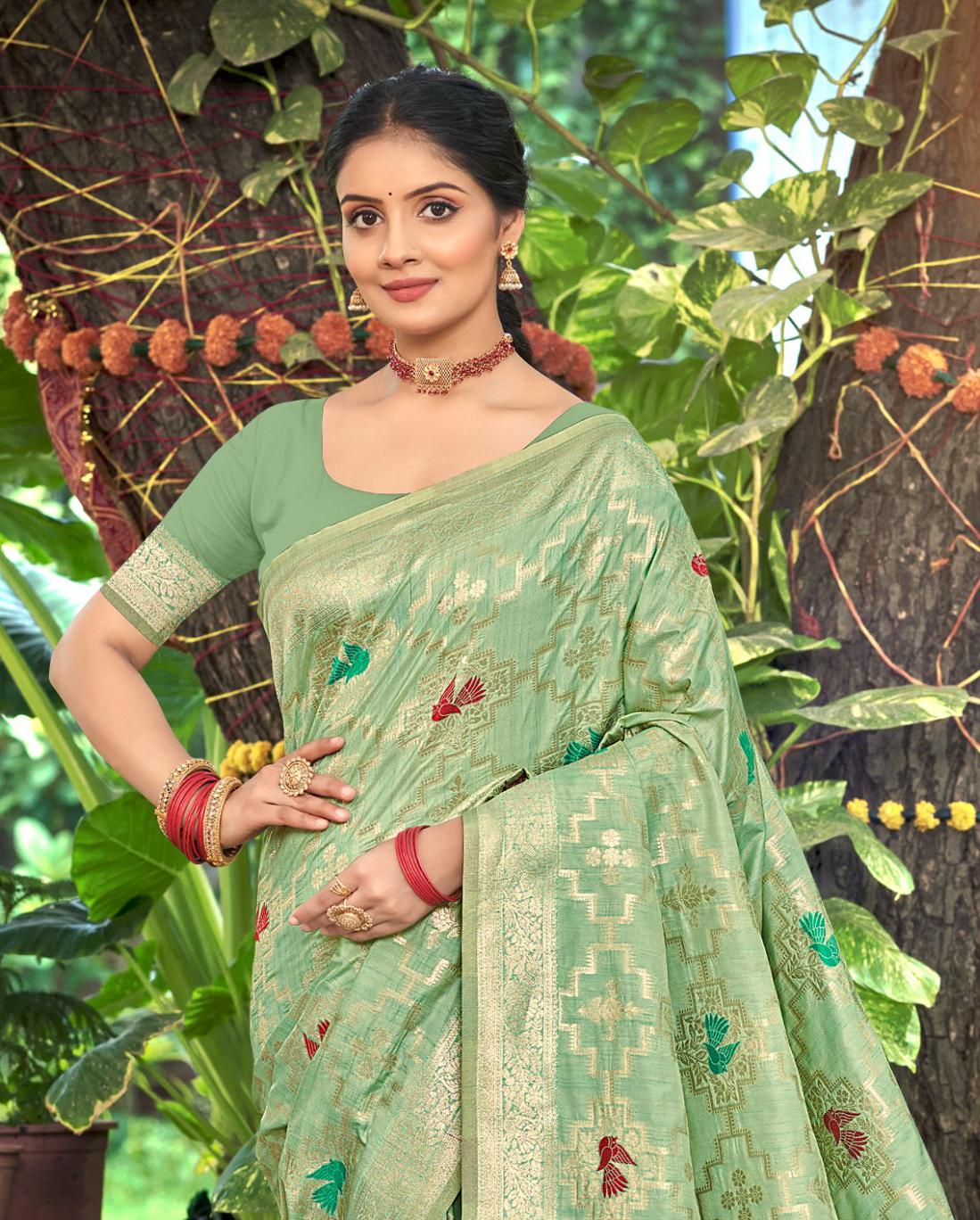 Sangam Prints Sea Green Heavy Assam Silk Saree With Meena Woven Work Traditional Saree - Distacart