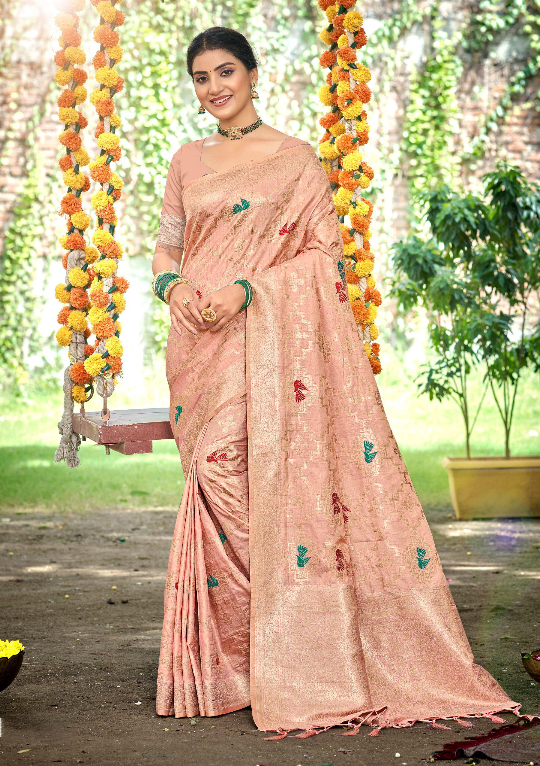 Sangam Prints Peach Heavy Assam Silk Saree With Meena Woven Work Traditional Saree - Distacart