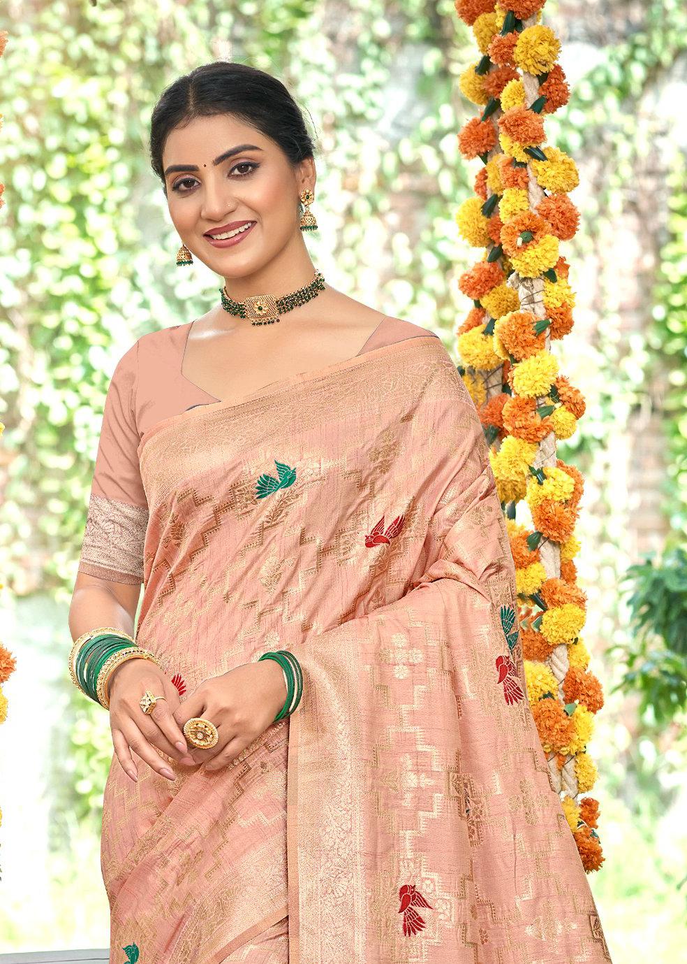 Sangam Prints Peach Heavy Assam Silk Saree With Meena Woven Work Traditional Saree