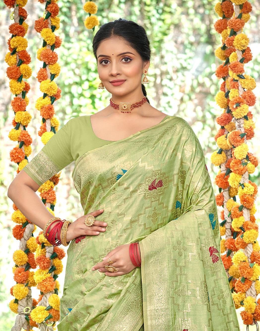 Sangam Prints Lite Green Heavy Assam Silk Saree With Meena Woven Work Traditional Saree