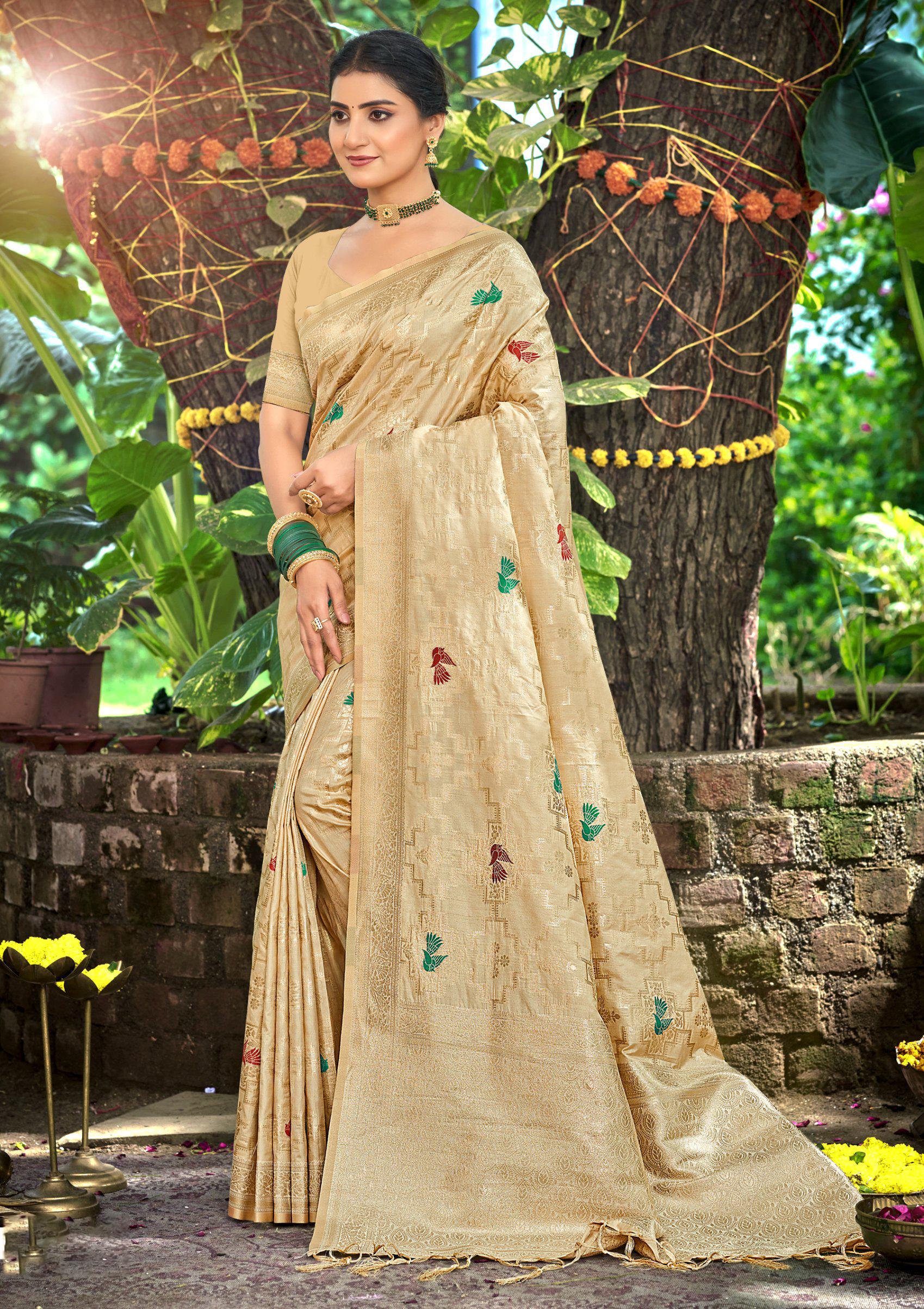 Sangam Prints Chiku Havy Assam Silk Saree With Meena Woven Work Traditional Saree - Distacart