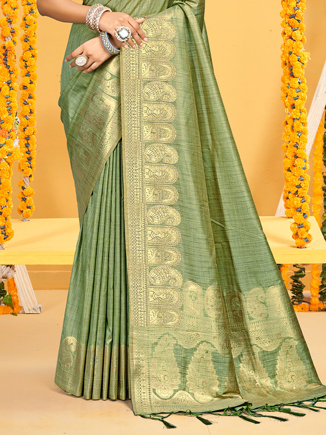 Sangam Prints Light Green Assam Silk Woven Work Traditional Saree - Distacart
