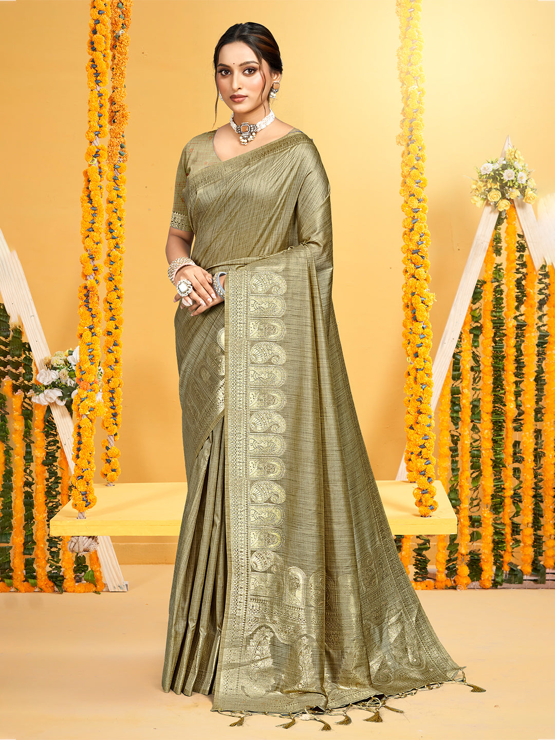 Sangam Prints Beige Assam Silk Woven Work Traditional Saree - Distacart