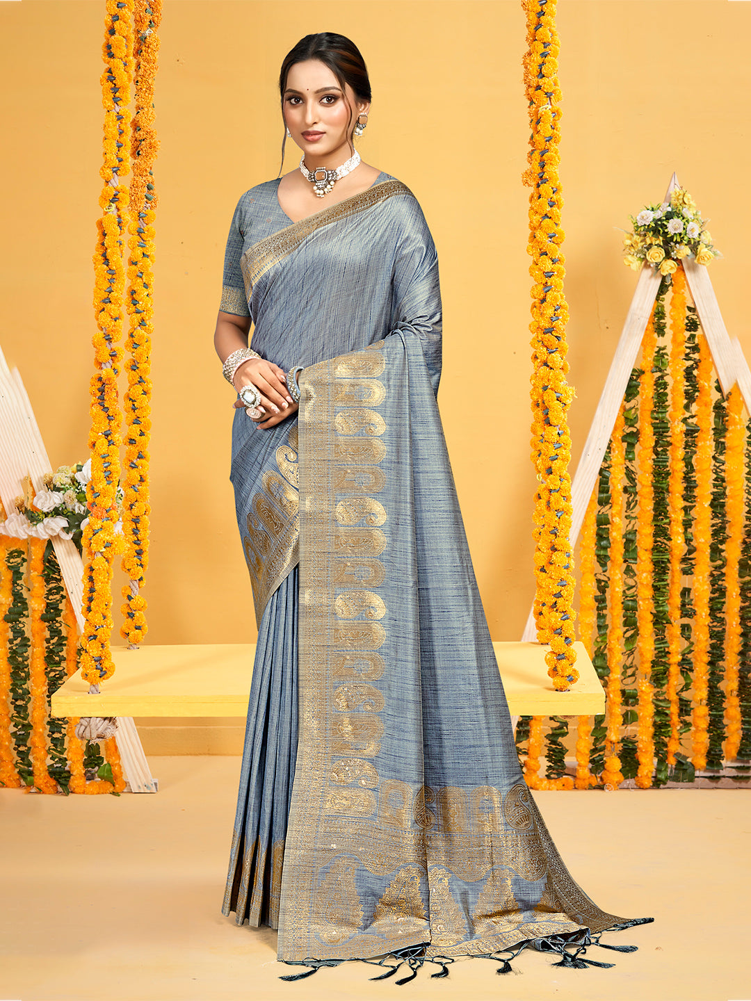 Sangam Prints Grey Assam Silk Woven Work Traditional Saree - Distacart