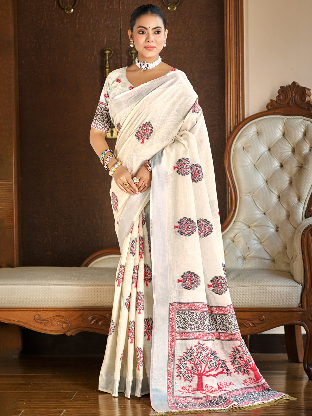 Sangam Prints Crem Linen Woven Work Traditional Saree